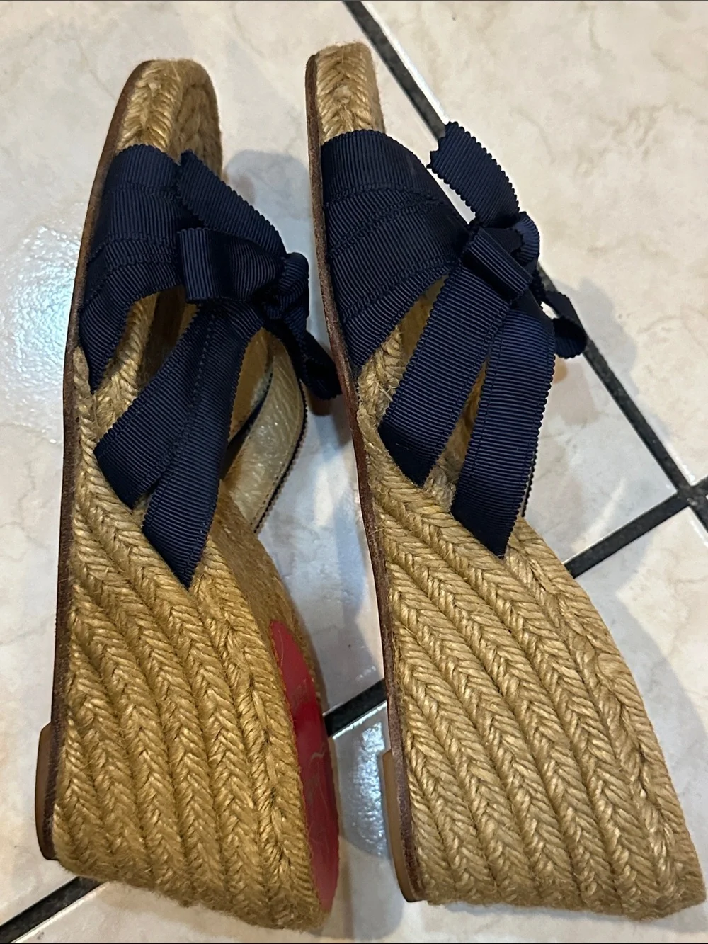 Christian Louboutin Navy Bow Rope Wedge Slides used in good condition